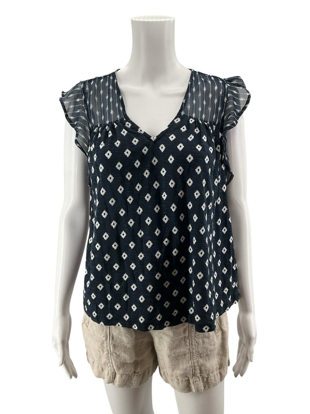 Lucky Brand Navy Ikat Diamond Print Mixed Media Top Size Small